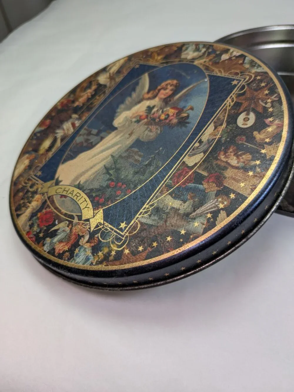 Vintage Victorian Angel Charity Tin Religious Gold Accent Gifted Line